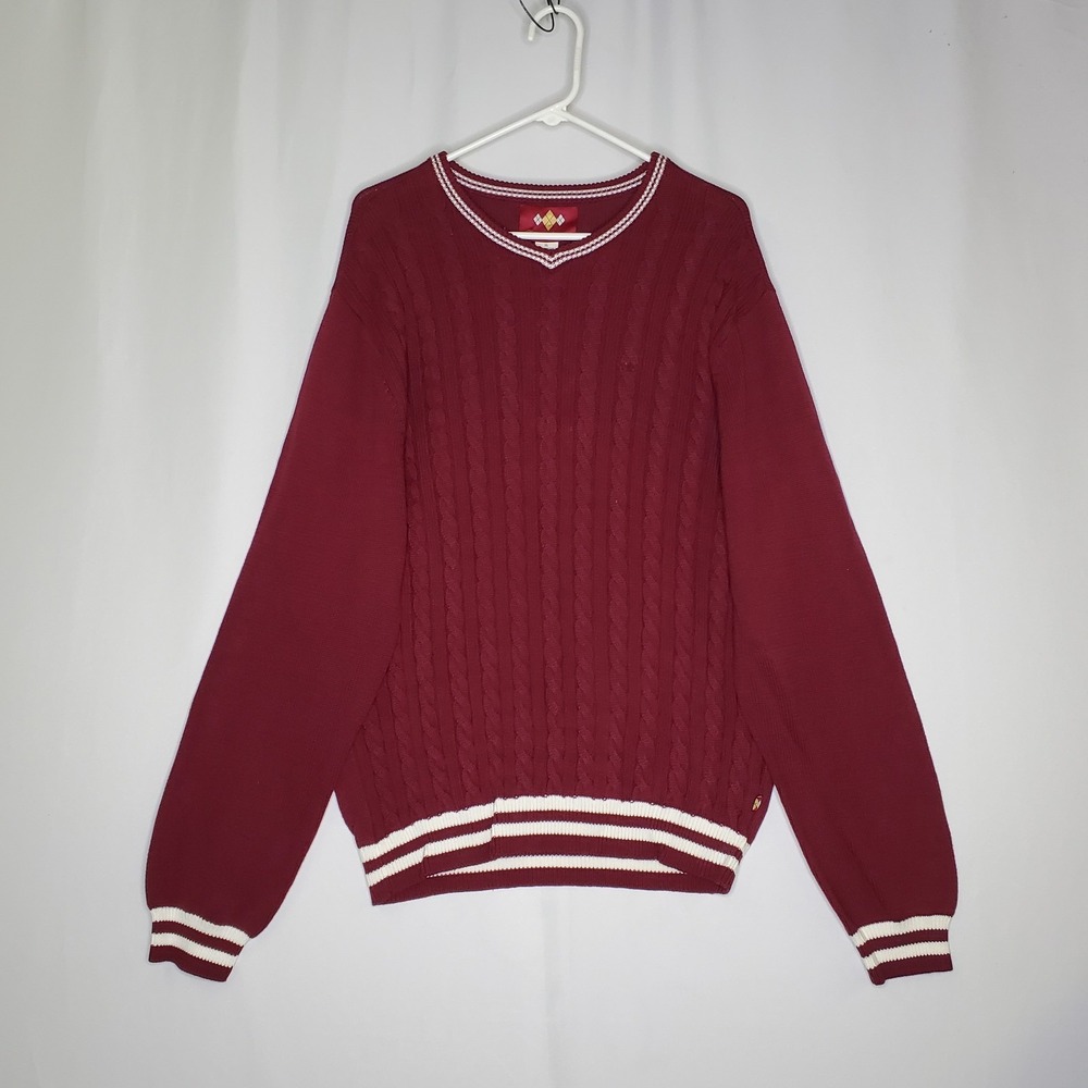 Russell Simmons Cable‎ Knit Sweater Mens XL Burgundy Red V-Neck Preppy Academia